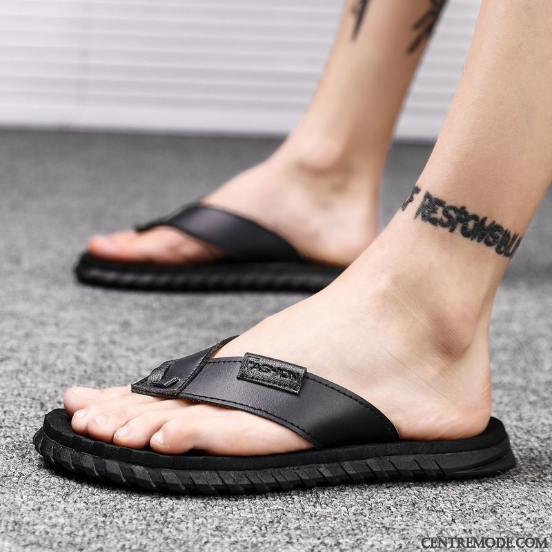 Tongs Homme Personnalité En Cuir Sandales Tongs Chaussons Décontractée Été Noir