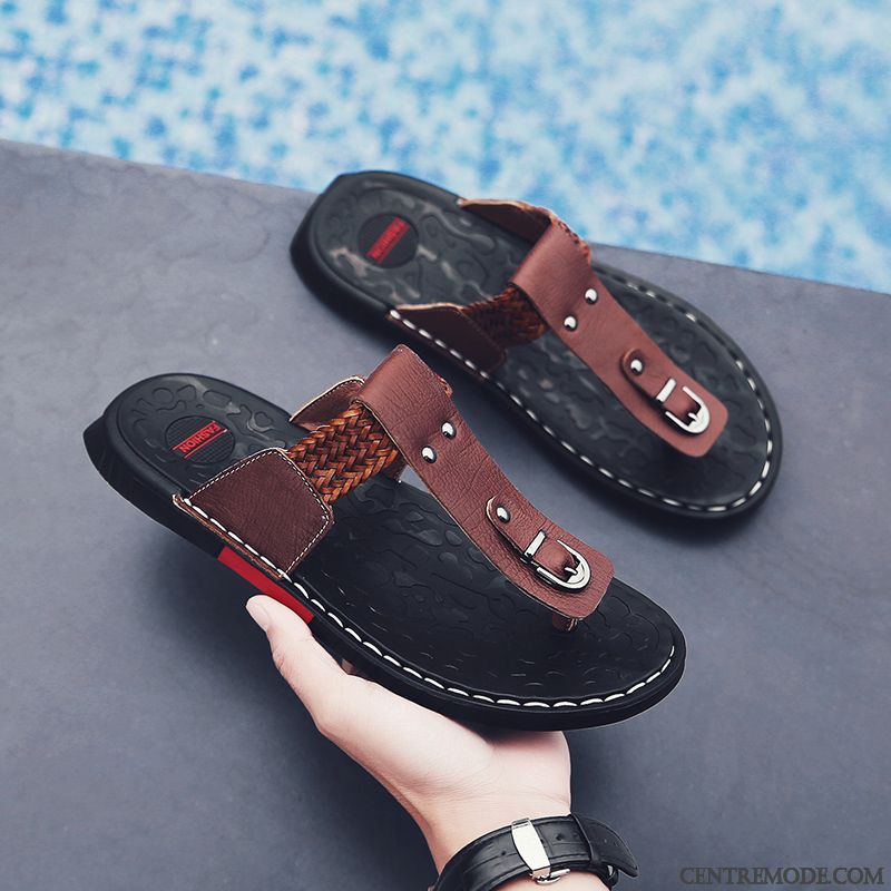 Tongs Homme Personnalité Tendance Été Mesh Outwear Tongs Chaussons Noir Rouge