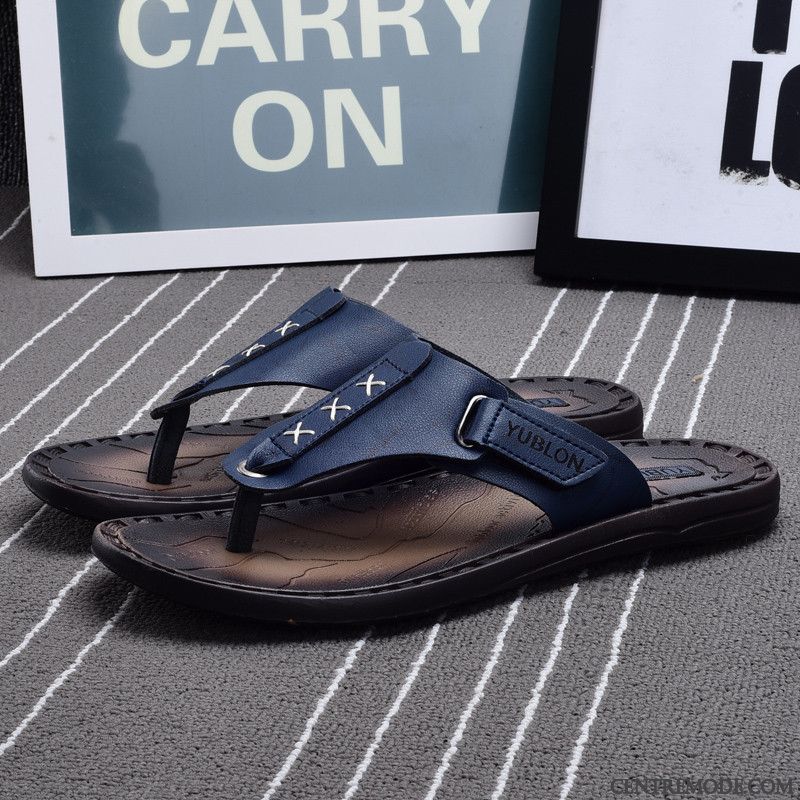 Tongs Homme Sandales En Cuir Antidérapant Tongs Chaussons De Plein Air Été Marron Clair