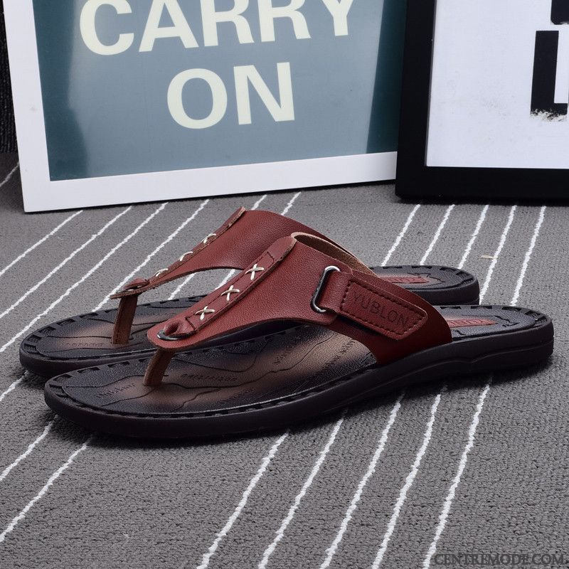 Tongs Homme Sandales En Cuir Antidérapant Tongs Chaussons De Plein Air Été Marron Clair