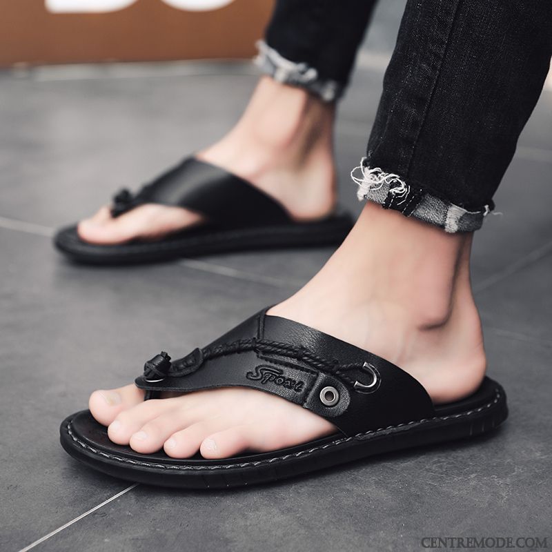 Tongs Homme Sandales Été Plage Décontractée En Cuir Tongs Chaussons Blanc