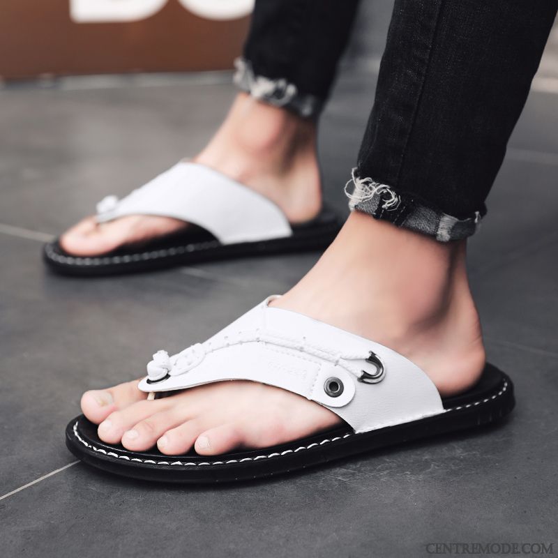 Tongs Homme Sandales Été Plage Décontractée En Cuir Tongs Chaussons Blanc