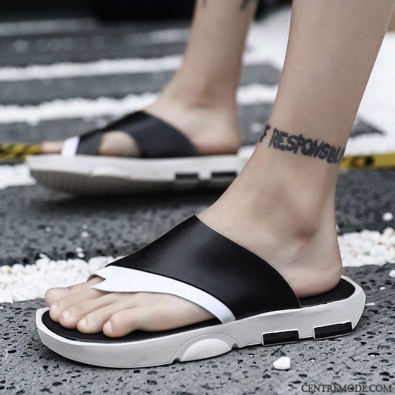 Tongs Homme Été Personnalité Tendance Antidérapant Plage Cuir Véritable Noir