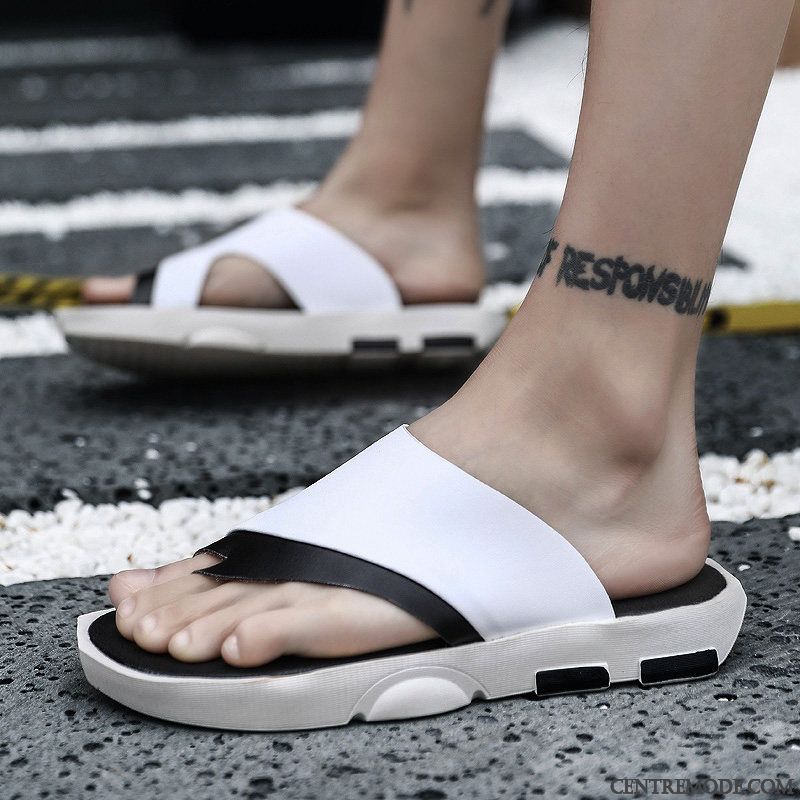 Tongs Homme Été Personnalité Tendance Antidérapant Plage Cuir Véritable Noir