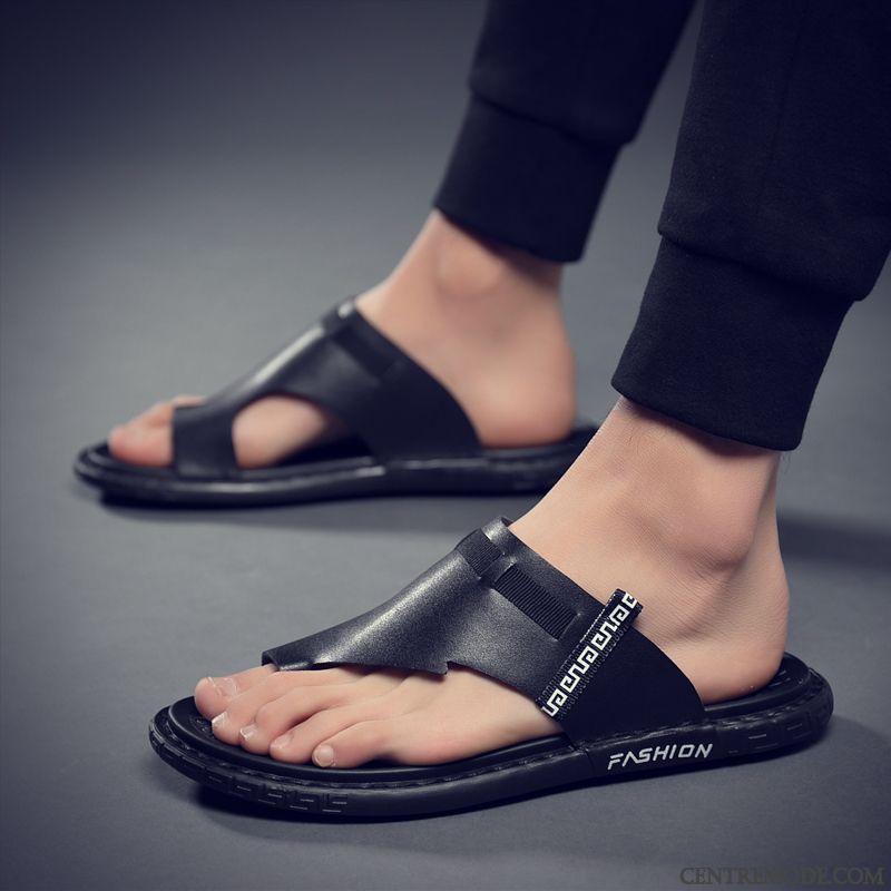 Tongs Homme Été Semelle Doux Plage En Cuir Antidérapant Tongs Chaussons Noir