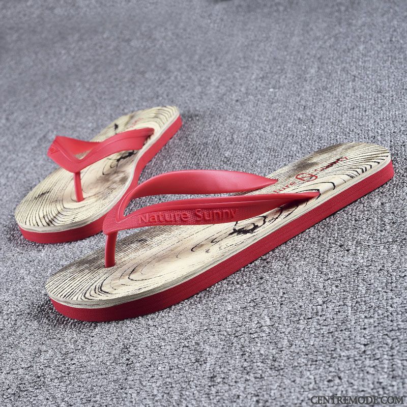 Tongs Homme Été Tongs Chaussons Grain De Bois Personnalité Plage Étudiant Rouge