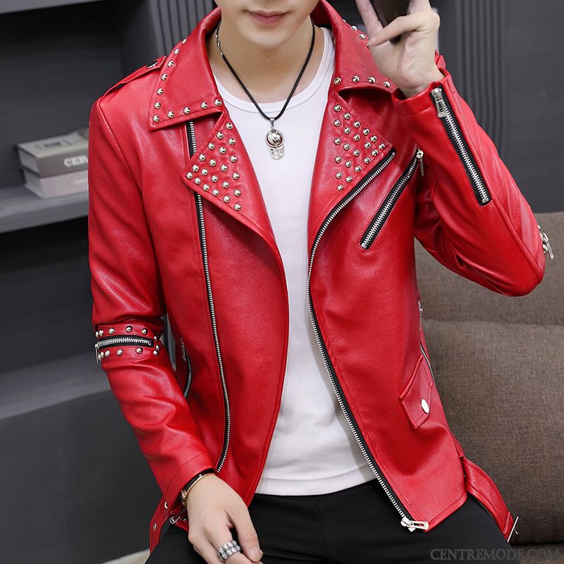 Veste Cuir Fashion Homme Noir Saumon, Blouson Moto Cuir Homme Pas Cher Soldes