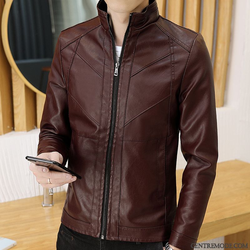 Veste Cuir Homme Manteau Vin Rouge Rouge, Blouson Homme Solde Pas Cher