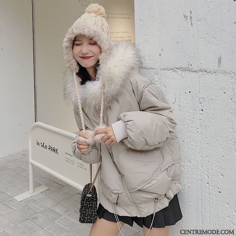 Veste En Coton Femme Court Capuche L'automne Hiver Baggy Grand Col De Fourrure