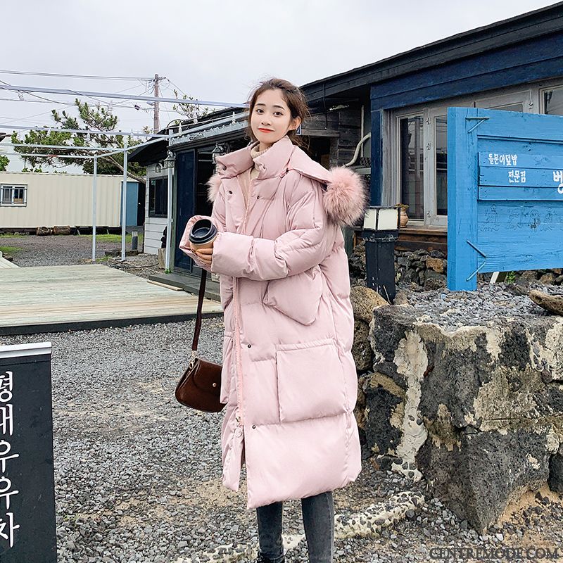 Veste En Coton Femme Grand Col De Fourrure Longue Vêtements D'hiver Mince Baggy Capuche Rouge Rose