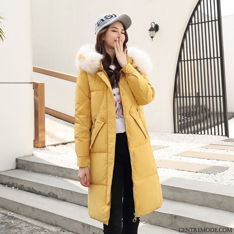 Veste En Coton Femme Épaissir Manteau Matelassée Longue Grand Col De Fourrure Vêtements D'hiver Jaune