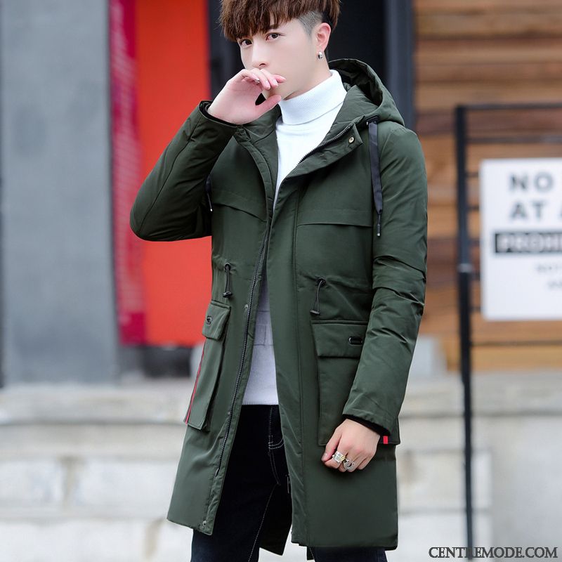 Veste En Coton Homme Fourrure Duvet Matelassée Tendance Hiver Manteau Longue Vert