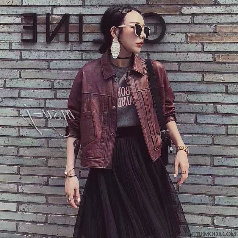 Vestes En Cuir Femme Court Veste En Cuir Vêtements Moto L'automne Tendance Manteau Rouge Gris