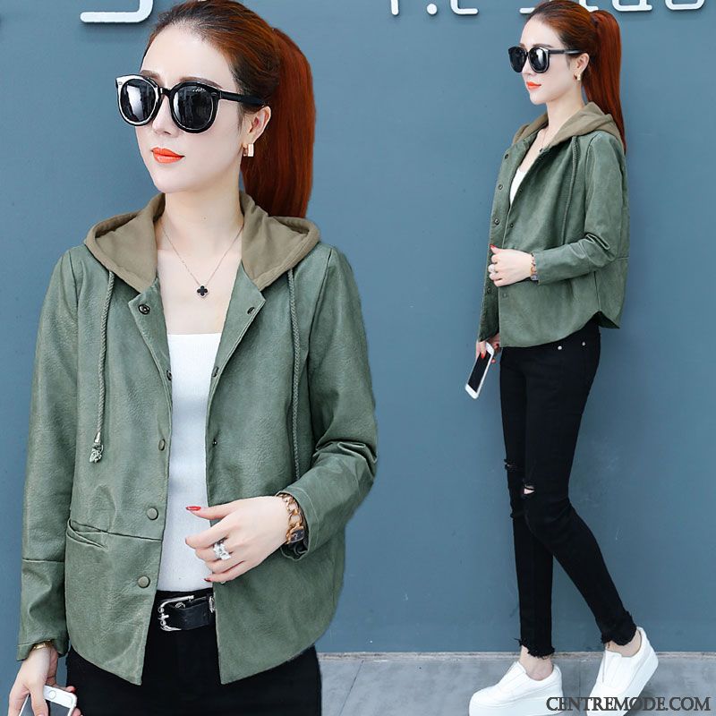 Vestes En Cuir Femme Court Veste En Cuir Étudiant Slim Mode Manteau Vert