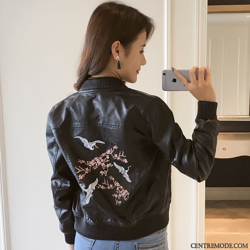 Vestes En Cuir Femme Courte Broderie Veste En Cuir Plus De Velours Épaissir Vêtements De Baseball Noir