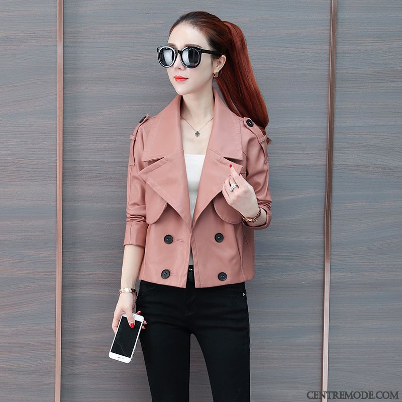 Vestes En Cuir Femme L'automne Baggy Court Mince Mode Veste En Cuir Rose
