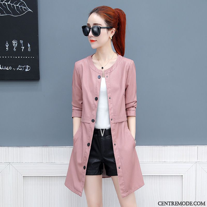Vestes En Cuir Femme Longue Tempérament Veste En Cuir Slim Manteau Printemps Rouge