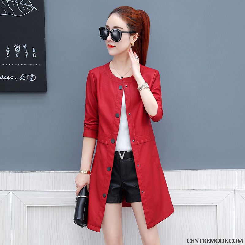 Vestes En Cuir Femme Longue Tempérament Veste En Cuir Slim Manteau Printemps Rouge