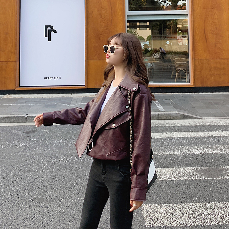 Vestes En Cuir Femme Manteau Hiver L'automne Mode Court Original Bordeaux