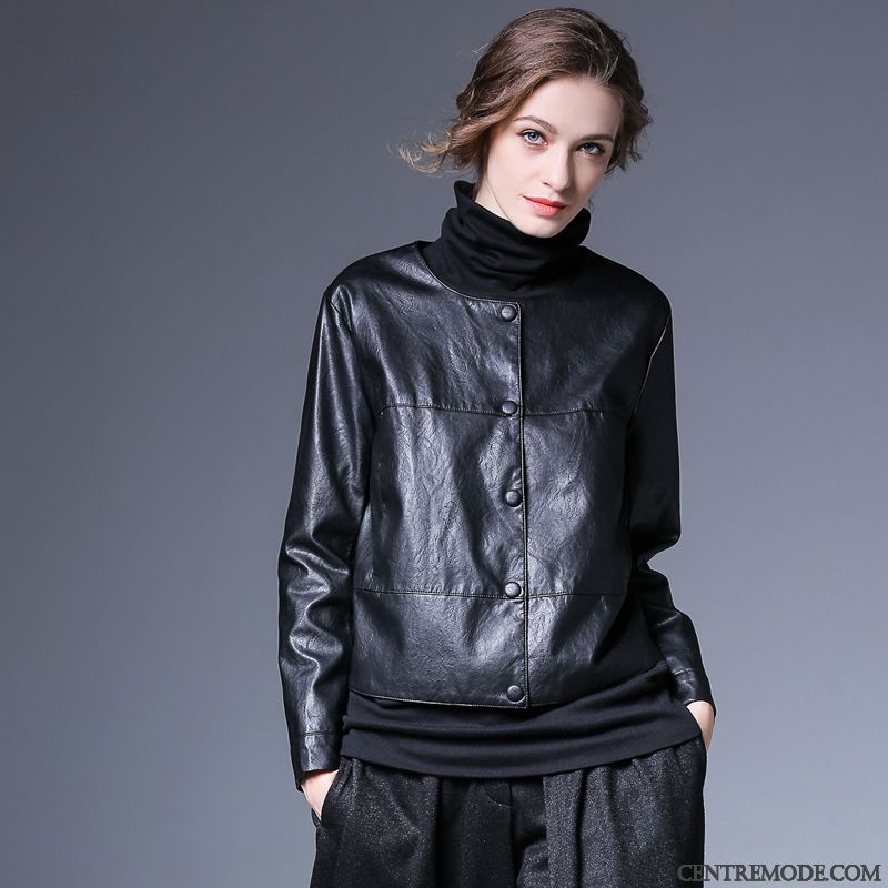 Vestes En Cuir Femme Mince L'automne Printemps Décontractée Col Rond Veste En Cuir Noir