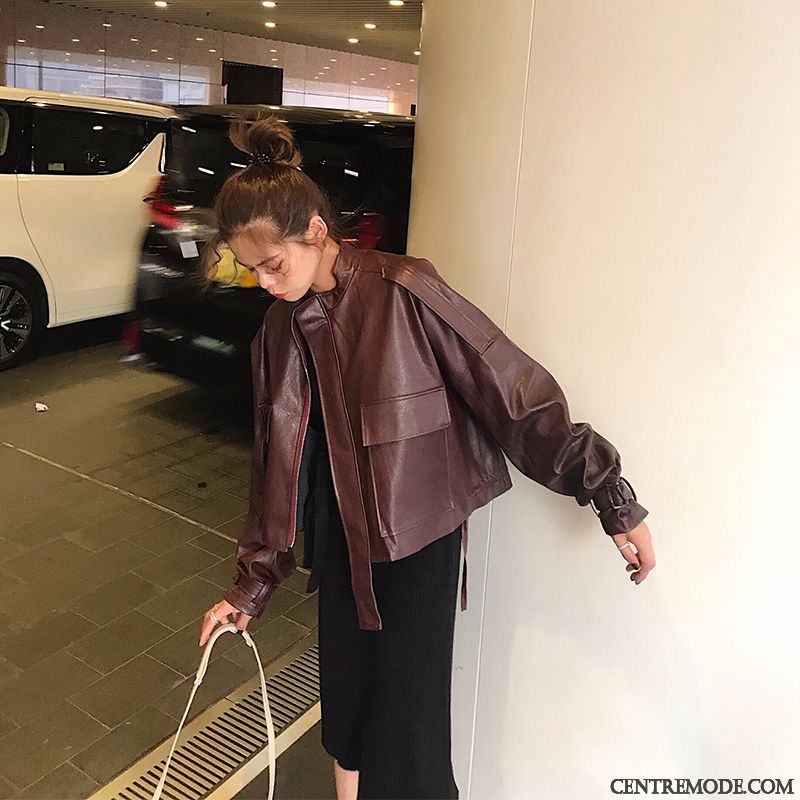 Vestes En Cuir Femme Mince L'automne Veste En Cuir Vêtements Moto Tendance Baggy Noir