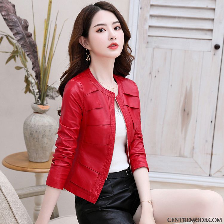 Vestes En Cuir Femme Mince Veste En Cuir Printemps L'automne Tendance Longues Rouge