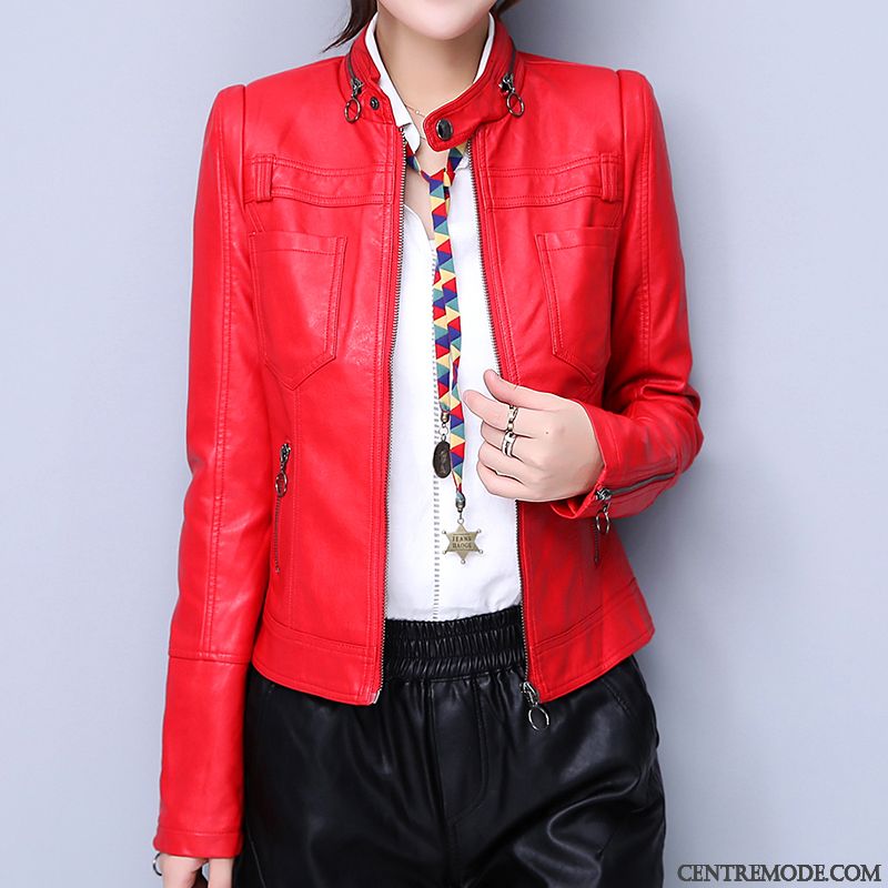 Vestes En Cuir Femme Mince Vêtements Moto Col Mandarin Anti-saison Veste En Cuir Courte Rouge