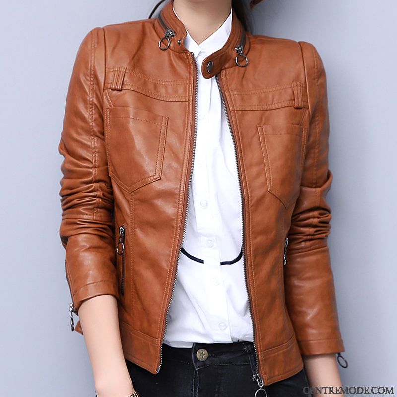 Vestes En Cuir Femme Mince Vêtements Moto Col Mandarin Anti-saison Veste En Cuir Courte Rouge