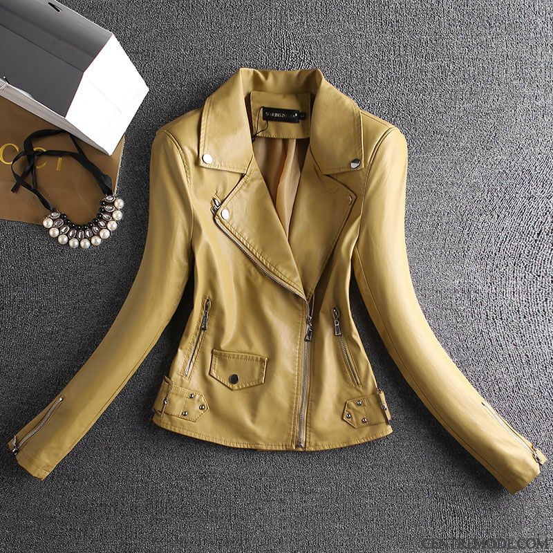 Vestes En Cuir Femme Slim Courte Manteau Bétail L'automne Mince Jaune