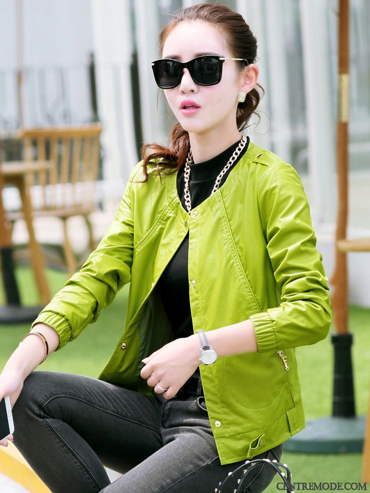 Vestes En Cuir Femme Slim Manteau Court Col Rond Mode L'automne Vert