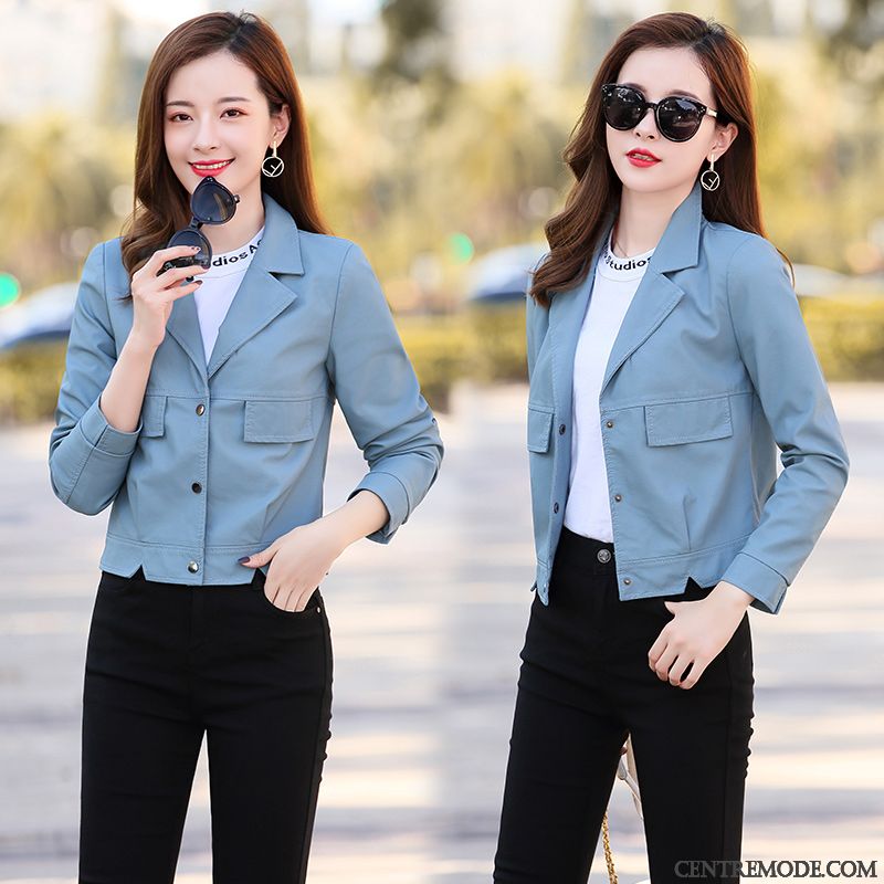Vestes En Cuir Femme Tendance Tempérament Slim Longues Personnalité Élégant Bleu