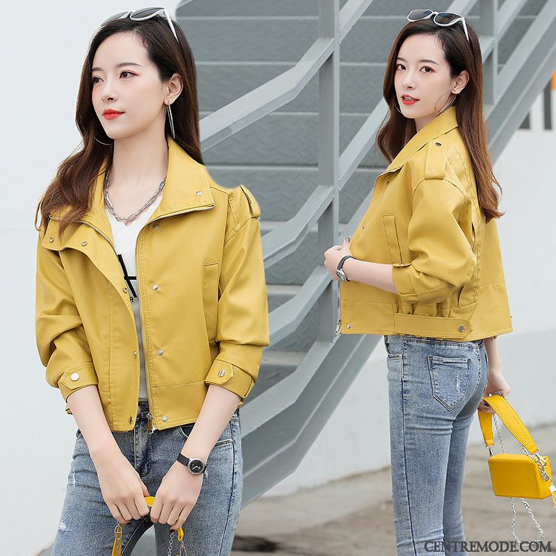 Vestes En Cuir Femme Tendance Veste En Cuir Une Veste Court Haute Cintrée Manteau Rouge Jaune