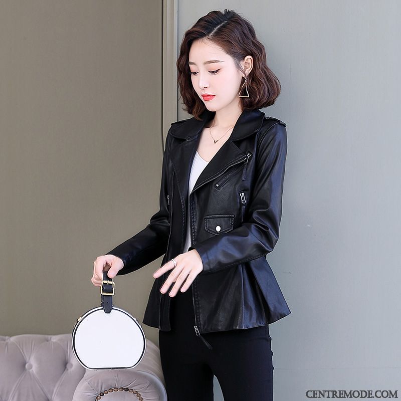 Vestes En Cuir Femme Veste En Cuir Slim Poche Longues Mode Court Noir Rouge