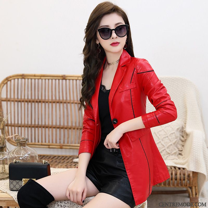 Vestes En Cuir Femme Vêtements Moto Slim Longue Printemps Veste En Cuir Nervurées Rouge