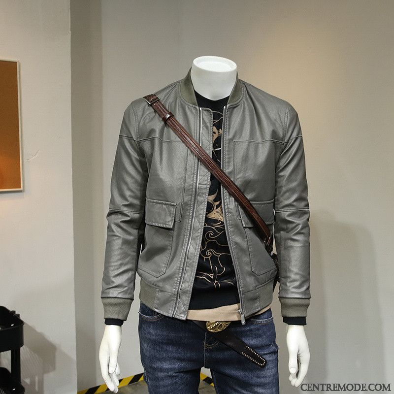 Vestes En Cuir Homme Cargo Beau Rétro Manteau Tendance Veste En Cuir Gris