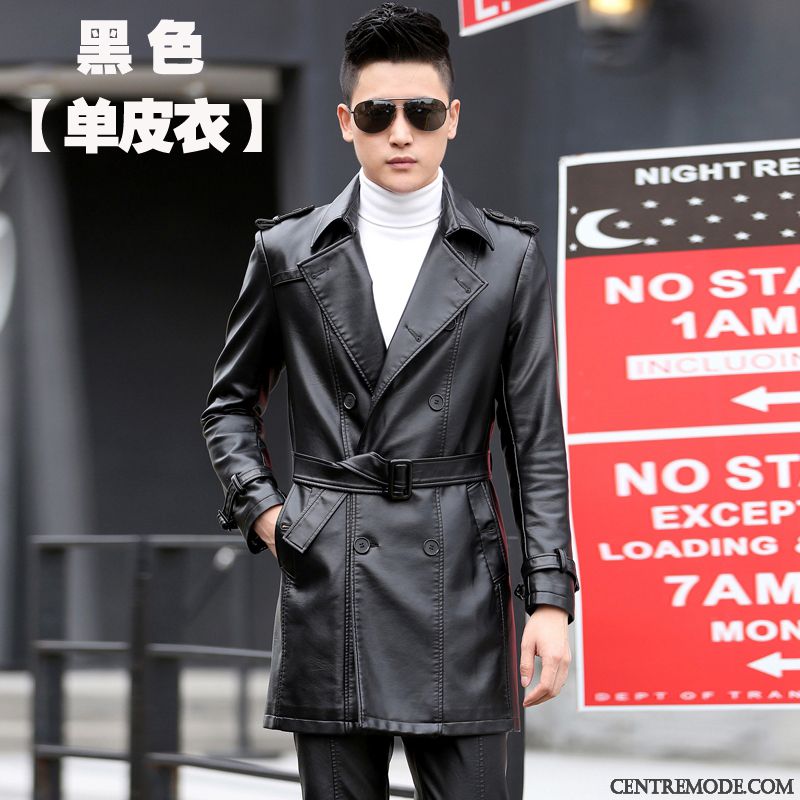 Vestes En Cuir Homme Coupe Vent Longue Manteau Veste En Cuir Épaissir Cuir Véritable Noir