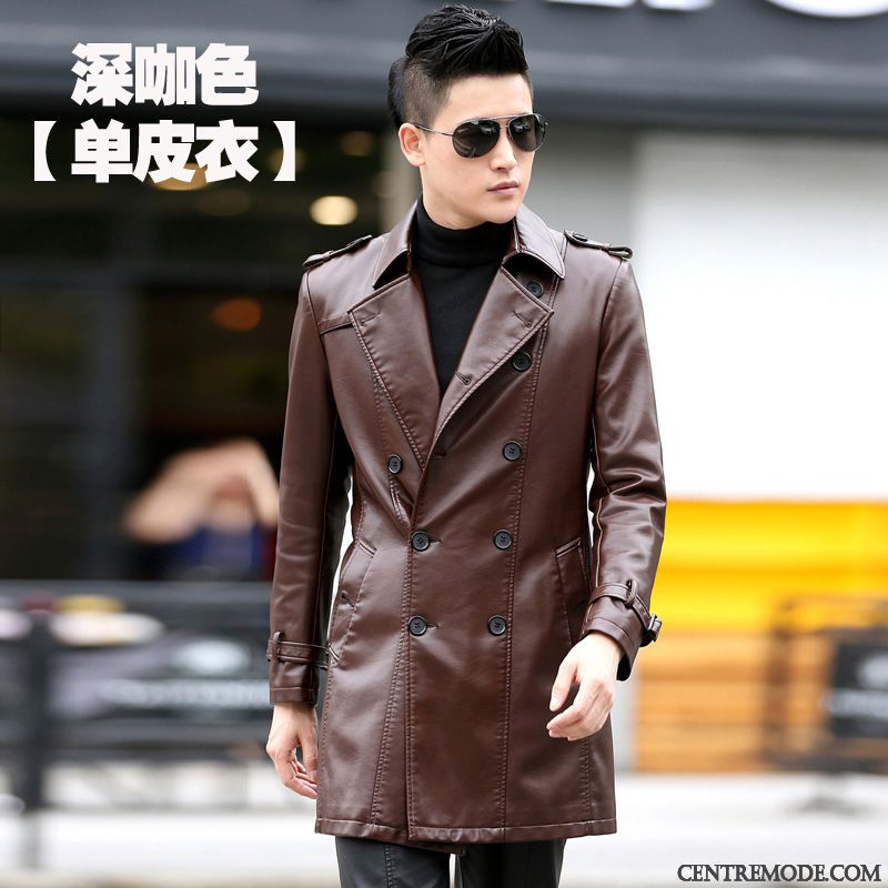Vestes En Cuir Homme Coupe Vent Longue Manteau Veste En Cuir Épaissir Cuir Véritable Noir