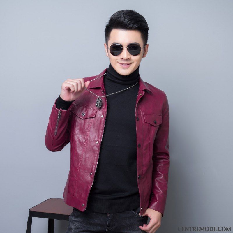 Vestes En Cuir Homme Hiver Jeunesse Veste En Cuir Décontractée Manteau Plus De Velours Bordeaux