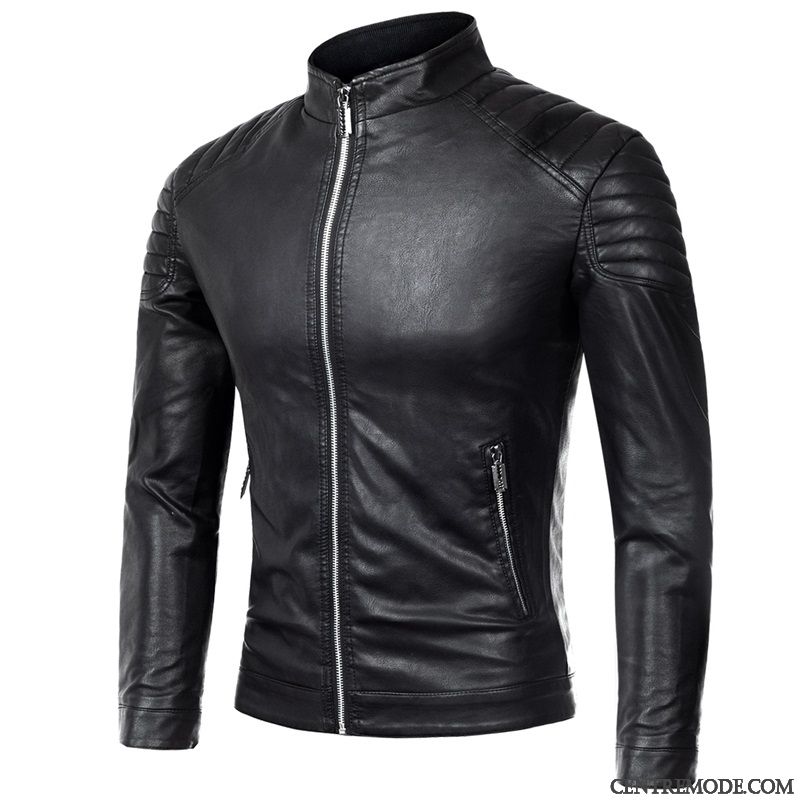 Vestes En Cuir Homme L'automne Col Mandarin Veste En Cuir Beau Fermeture Éclair Manteau Rouge