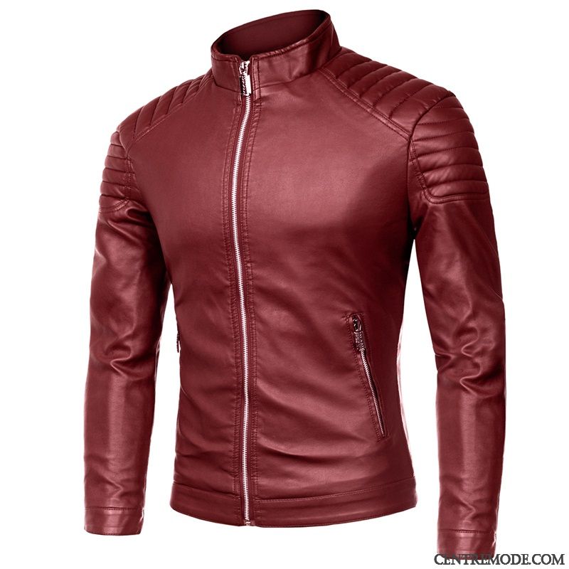 Vestes En Cuir Homme L'automne Col Mandarin Veste En Cuir Beau Fermeture Éclair Manteau Rouge