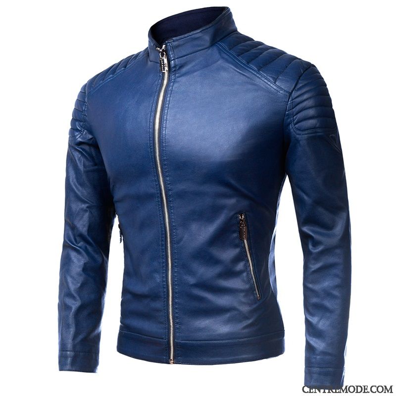 Vestes En Cuir Homme L'automne Col Mandarin Veste En Cuir Beau Fermeture Éclair Manteau Rouge