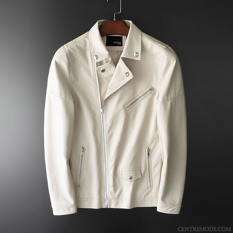 Vestes En Cuir Homme Locomotive Manteau Printemps Beau Revers Roulé Veste En Cuir Blanc