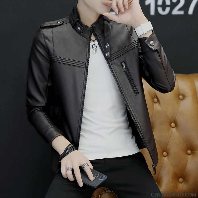Vestes En Cuir Homme Manteau Beau Décontractée Veste En Cuir Fleur Jeunesse Noir