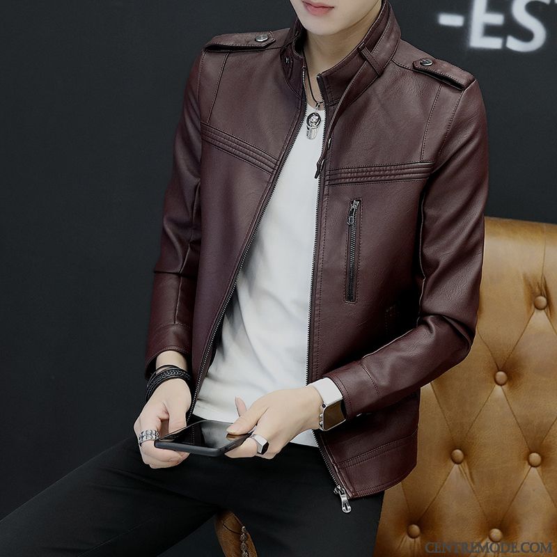 Vestes En Cuir Homme Manteau Beau Décontractée Veste En Cuir Fleur Jeunesse Noir