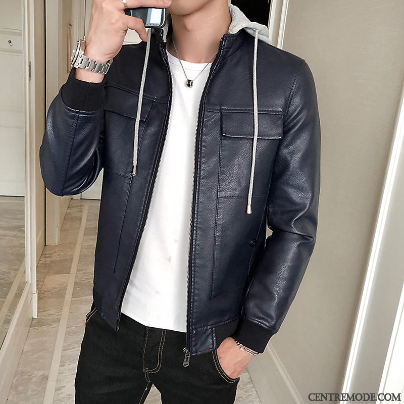 Vestes En Cuir Homme Manteau Printemps L'automne Tendance Encapuchonné Mode Noir