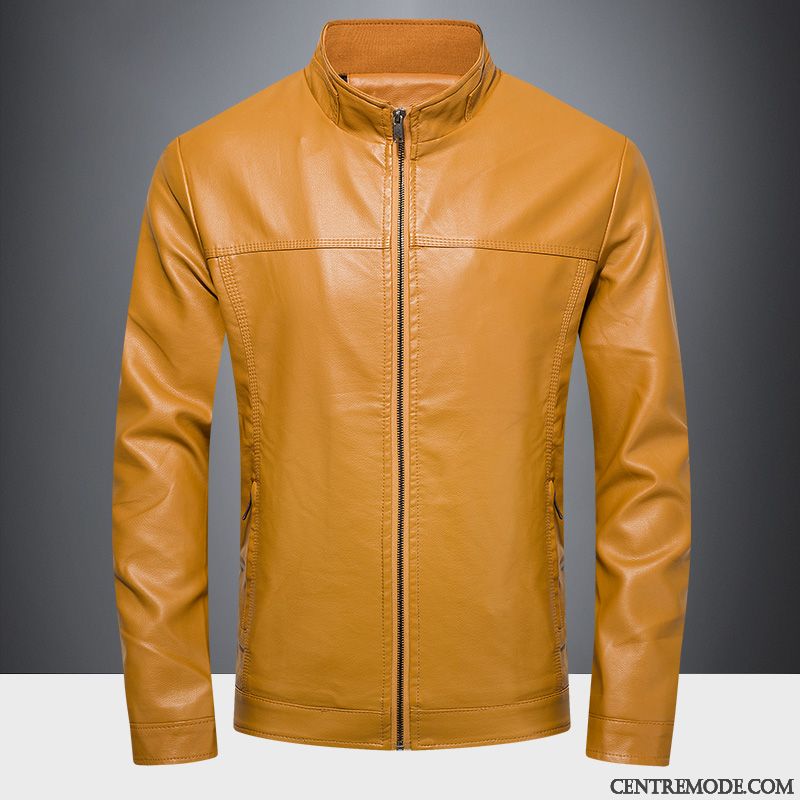 Vestes En Cuir Homme Manteau Slim Col Mandarin Décontractée L'automne Printemps Jaune