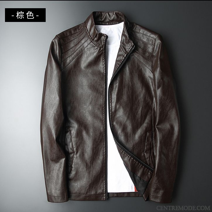 Vestes En Cuir Homme Manteau Vêtements Moto Veste En Cuir Beau Printemps Col Mandarin Noir