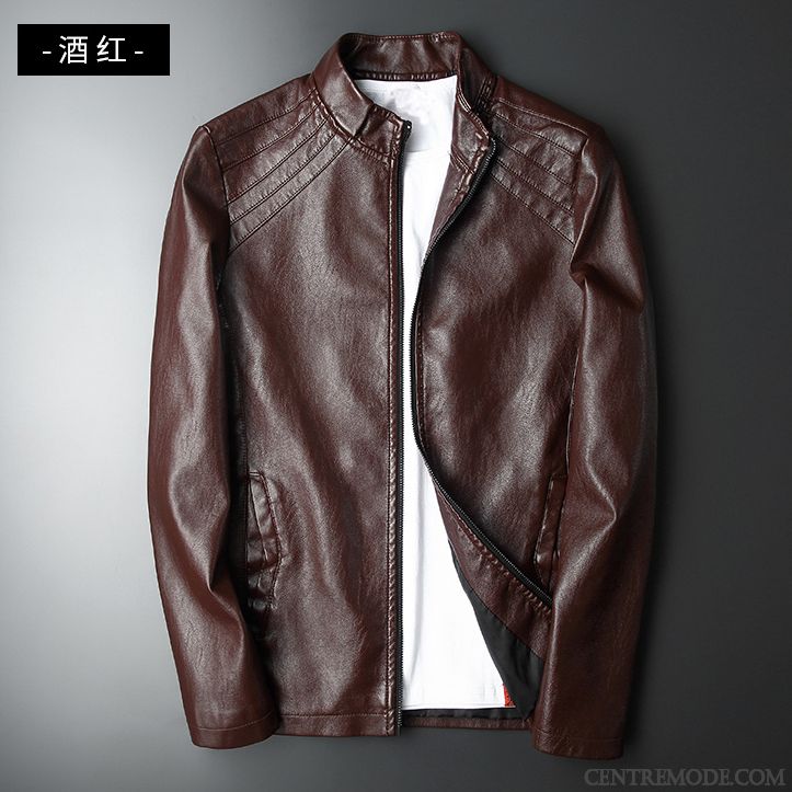 Vestes En Cuir Homme Manteau Vêtements Moto Veste En Cuir Beau Printemps Col Mandarin Noir