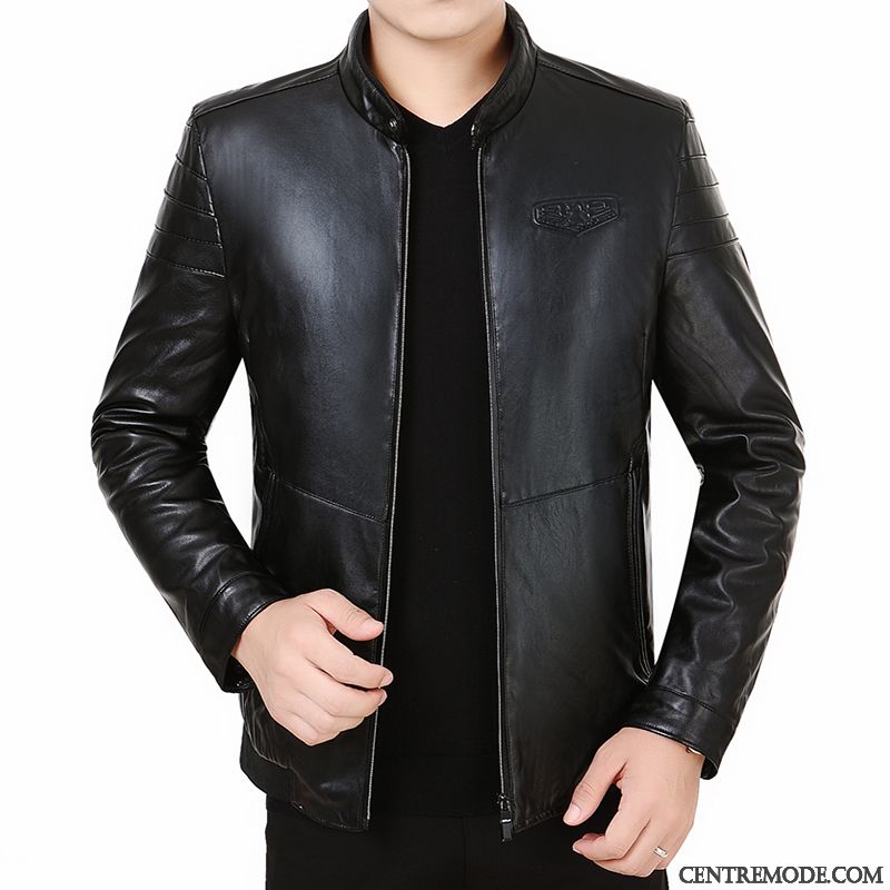 Vestes En Cuir Homme Peau De Mouton Cuir Véritable Veste En Cuir De Travail Décontractée Col Mandarin Noir