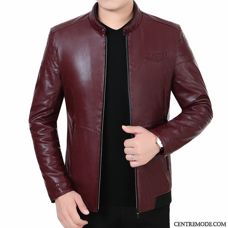 Vestes En Cuir Homme Peau De Mouton Cuir Véritable Veste En Cuir De Travail Décontractée Col Mandarin Noir